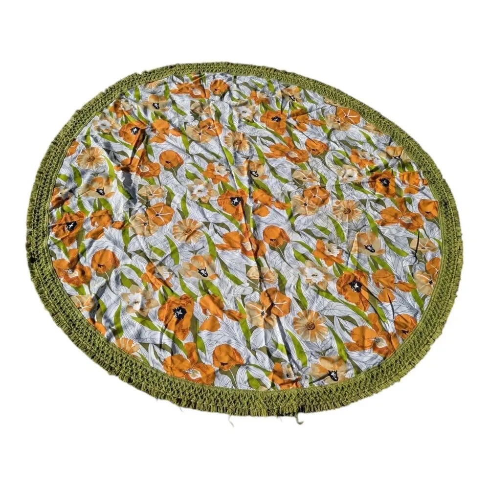 Round Terry Table Cloth w/ Fringe Green Orange Patio Table Covering 60”